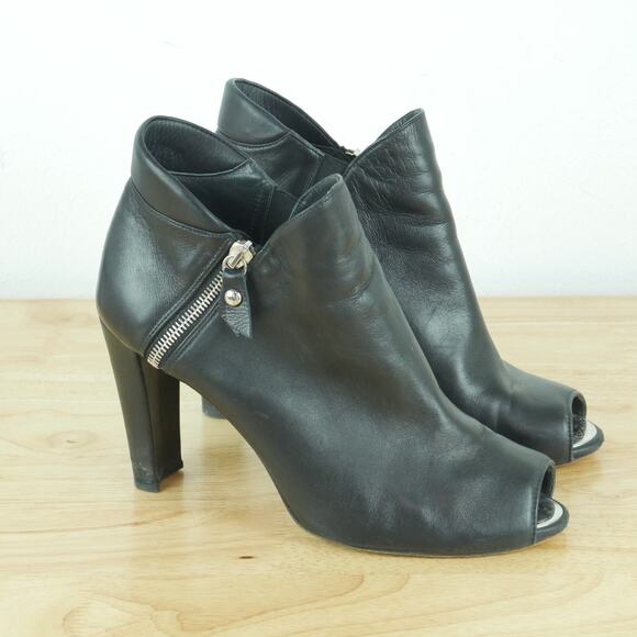 Stuart Weitzman Size 10 Ankle Boot Peep Toe Side Zip Black Bootie Leather Heels - Picture 1 of 14